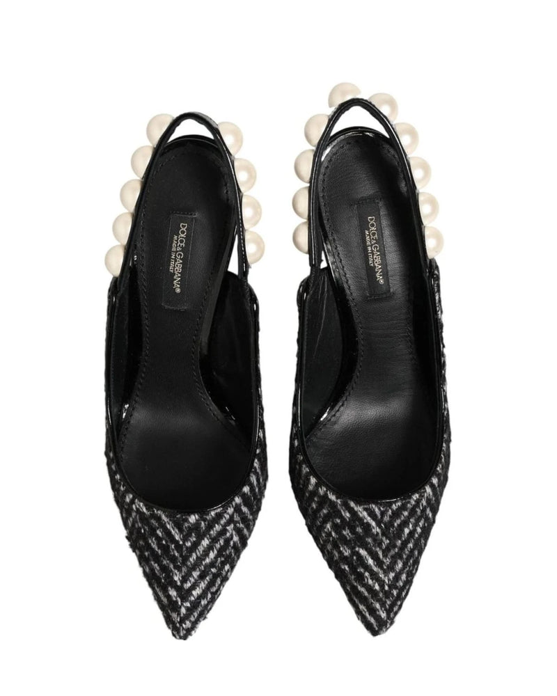 Dolce & Gabbana Black White Chevron Faux Pearl Slingbacks Shoes Heels