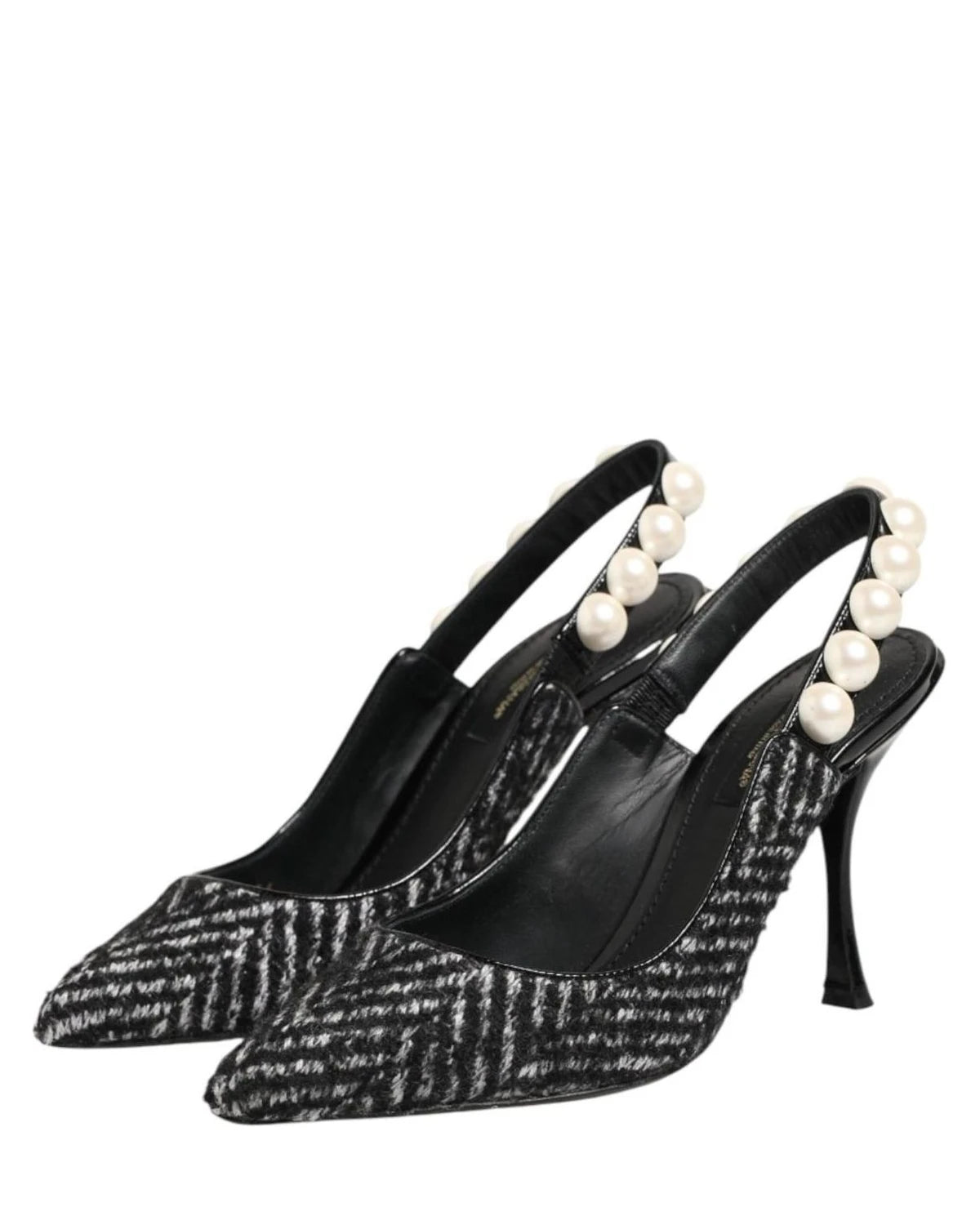 Dolce & Gabbana Black White Chevron Faux Pearl Slingbacks Shoes Heels