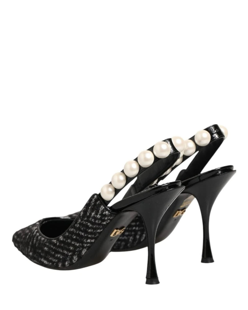 Dolce & Gabbana Black White Chevron Faux Pearl Slingbacks Shoes Heels