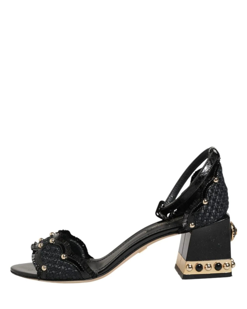 Dolce & Gabbana Black Studded Ankle Strap Sandals Shoes Heels