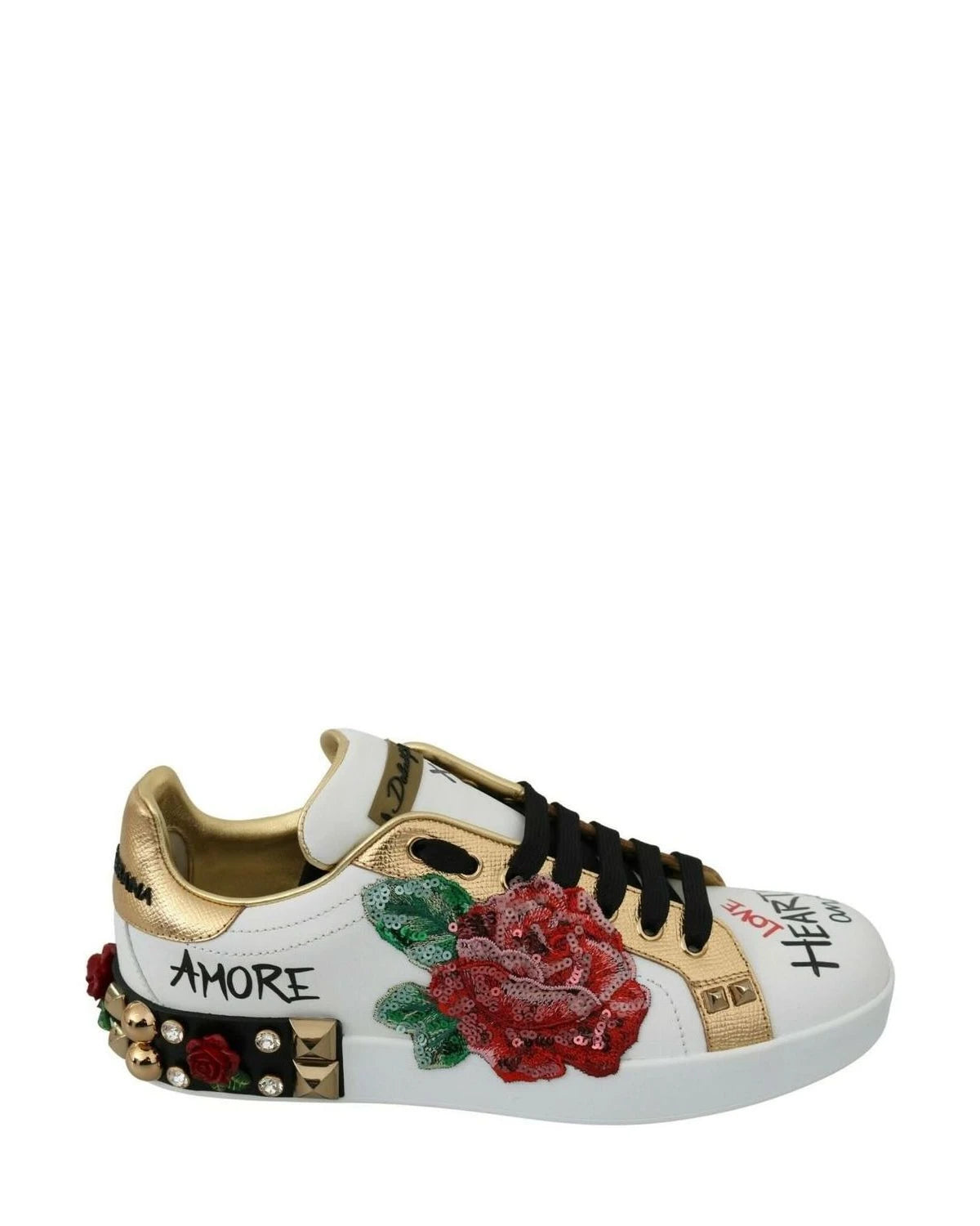 Dolce & Gabbana White Roses Sequined Crystal Sneakers Sneakers