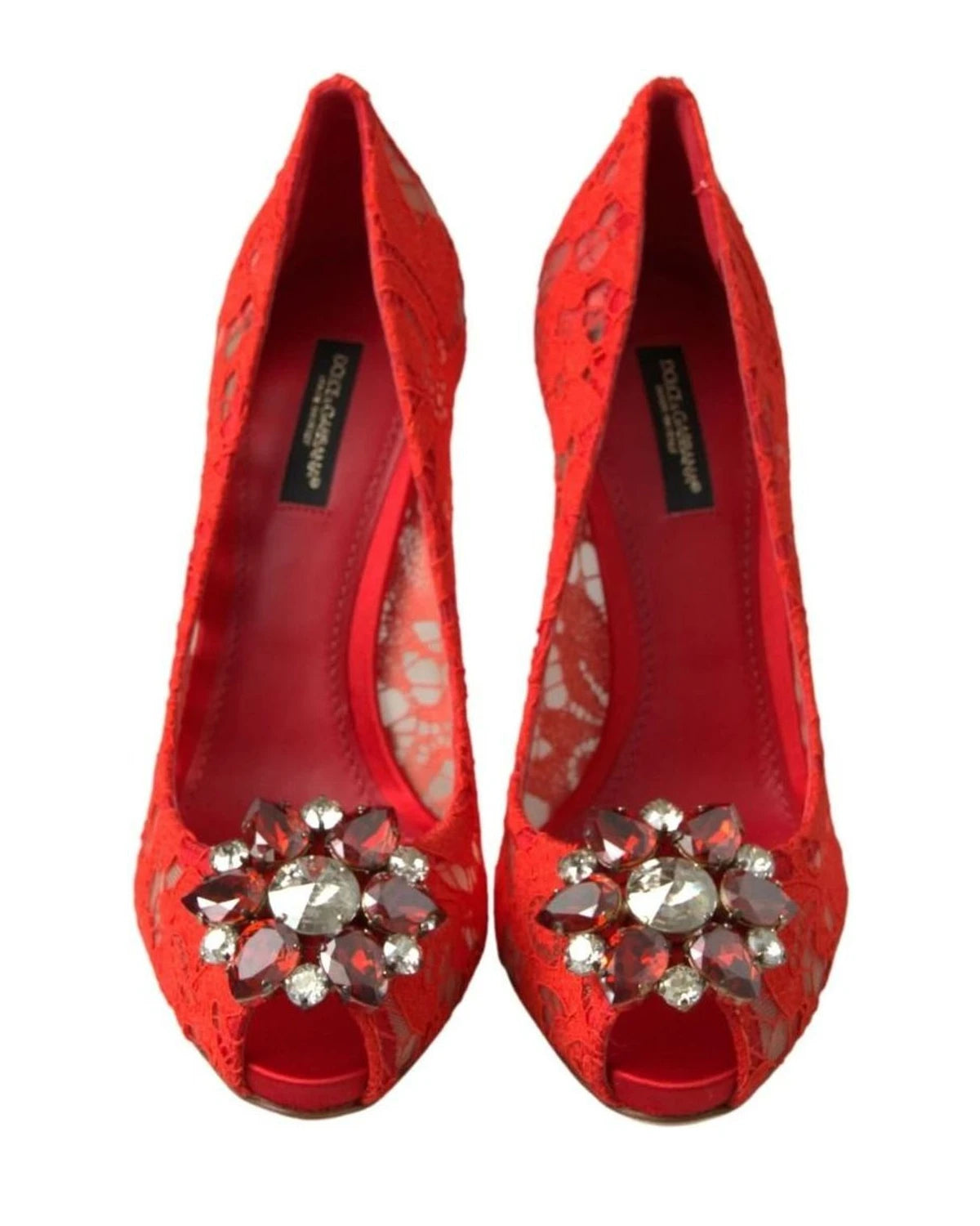 Dolce & Gabbana Red Lace Taormina Crystal Heels Pumps Shoes Heels