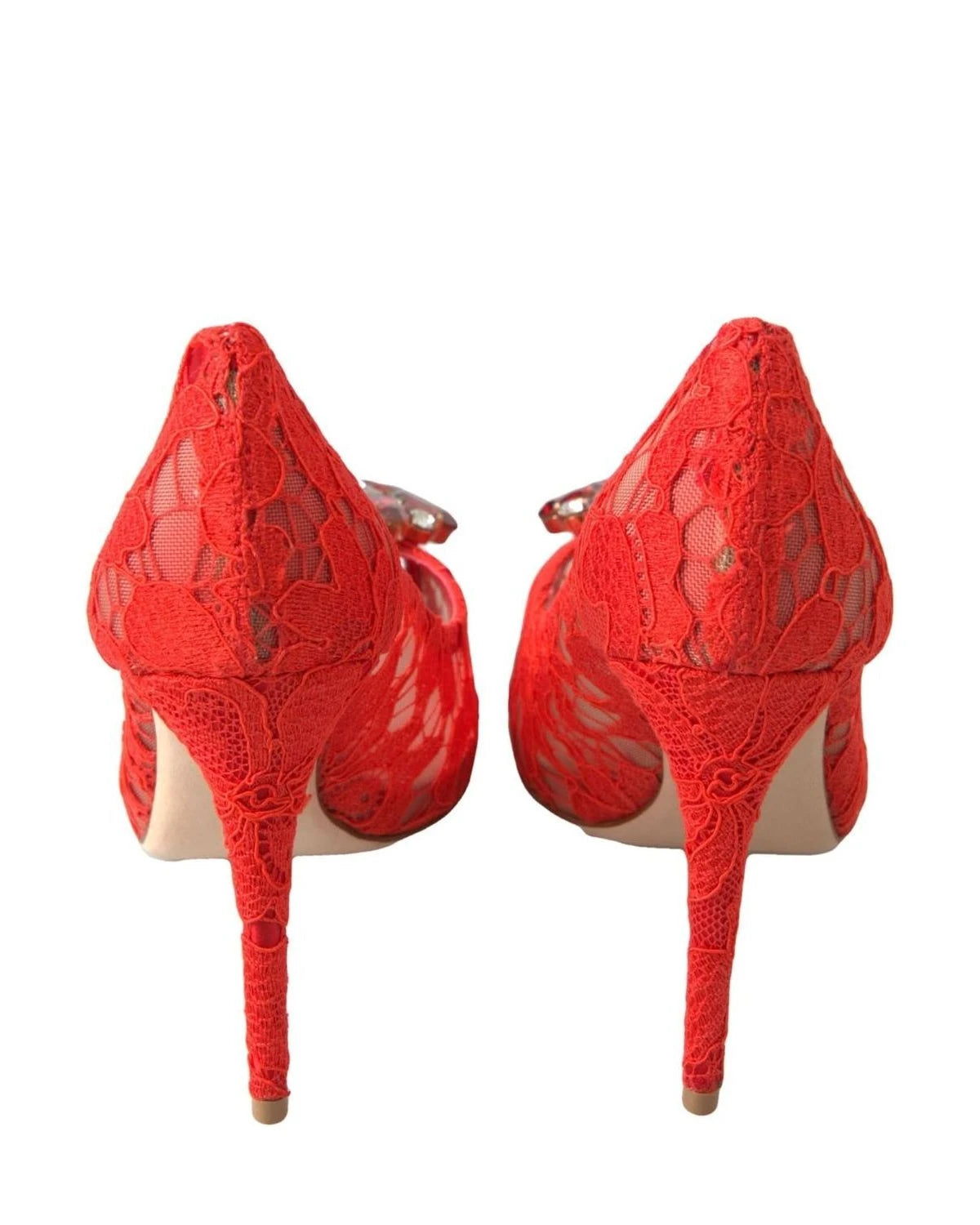 Dolce & Gabbana Red Lace Taormina Crystal Heels Pumps Shoes Heels