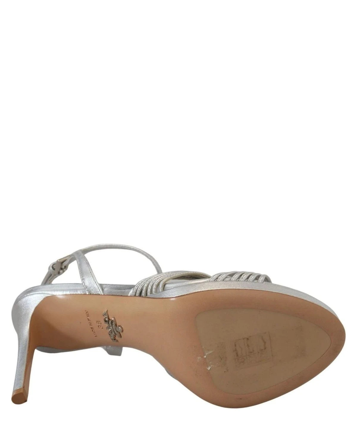 Prada Silver Leather Sandals Ankle Strap Heels Heels