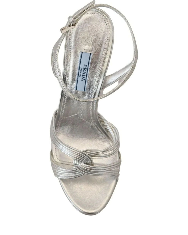 Prada Silver Leather Sandals Ankle Strap Heels Heels
