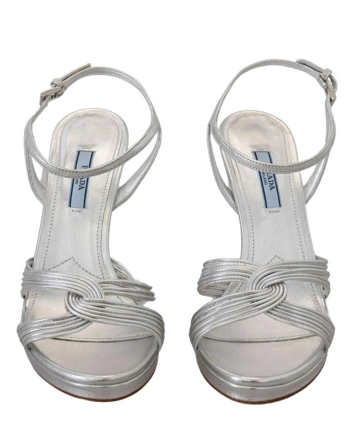 Prada Silver Leather Sandals Ankle Strap Heels Heels