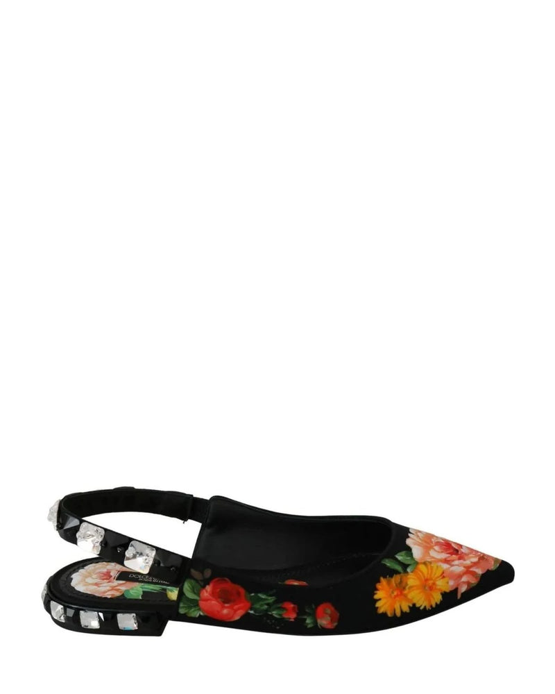 Dolce & Gabbana Black Floral Crystal Slingbacks Flats Flats