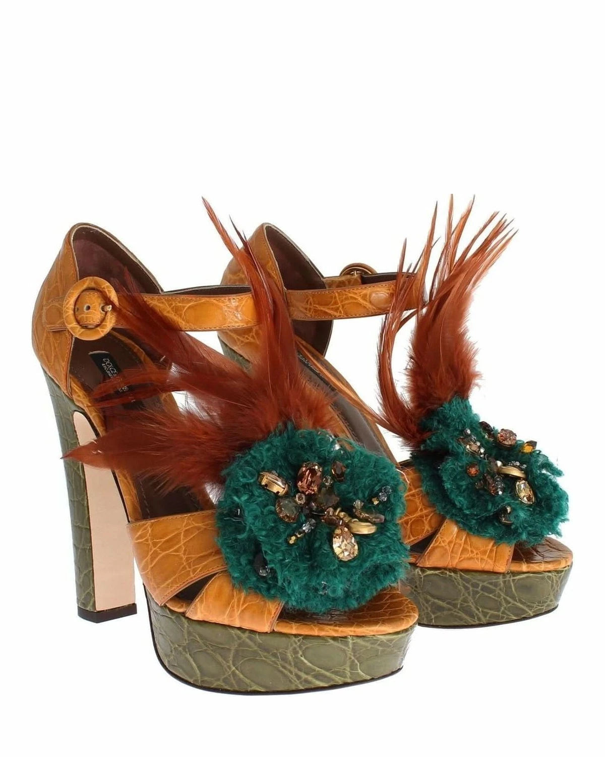 Dolce & Gabbana Orange Leather Crystal Platform Sandals Heels