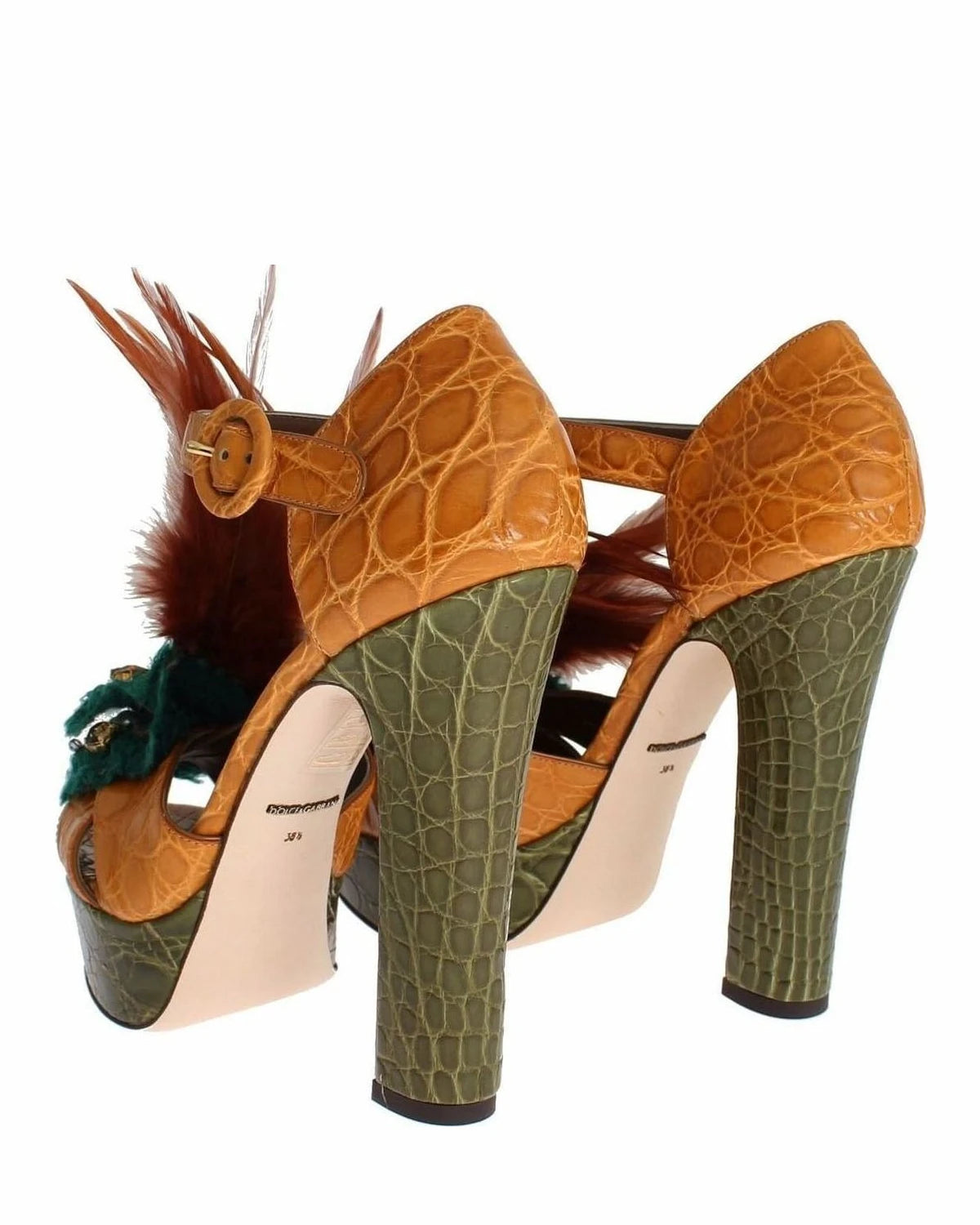 Dolce & Gabbana Orange Leather Crystal Platform Sandals Heels