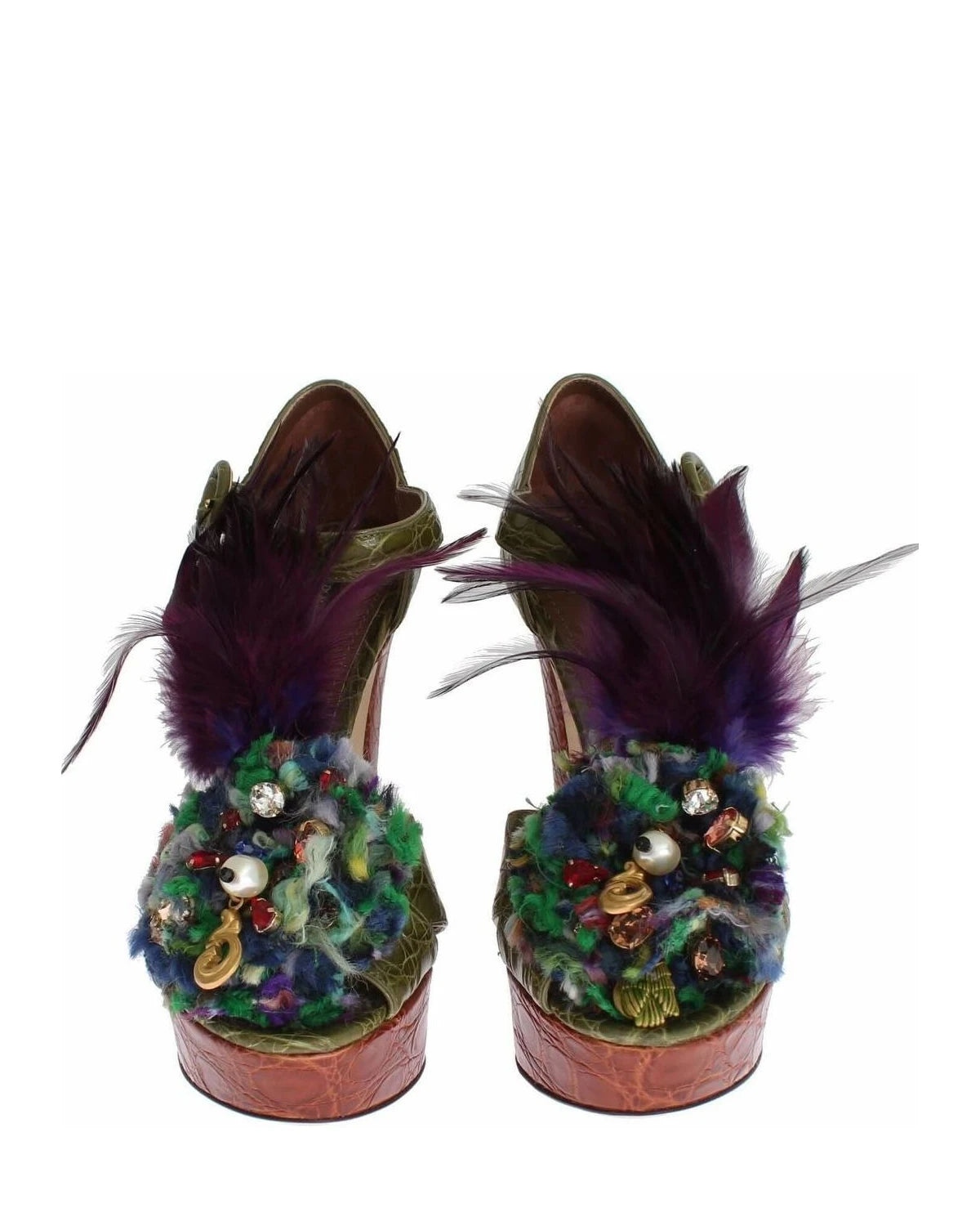Dolce & Gabbana Green Leather Crystal Platform Sandals Heels