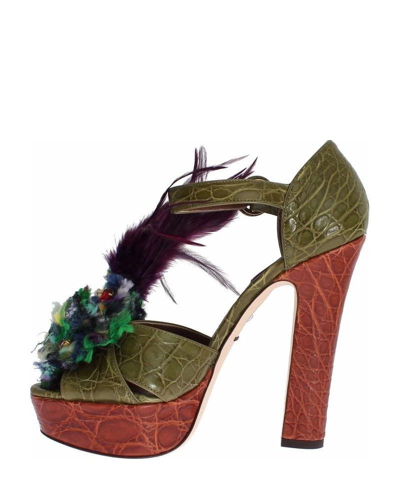 Dolce & Gabbana Green Leather Crystal Platform Sandals Heels