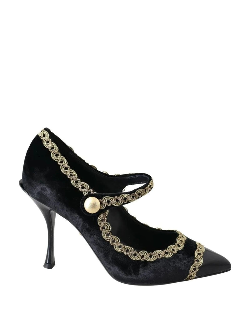 Dolce & Gabbana Black Velvet Gold Mary Janes Pumps Heels