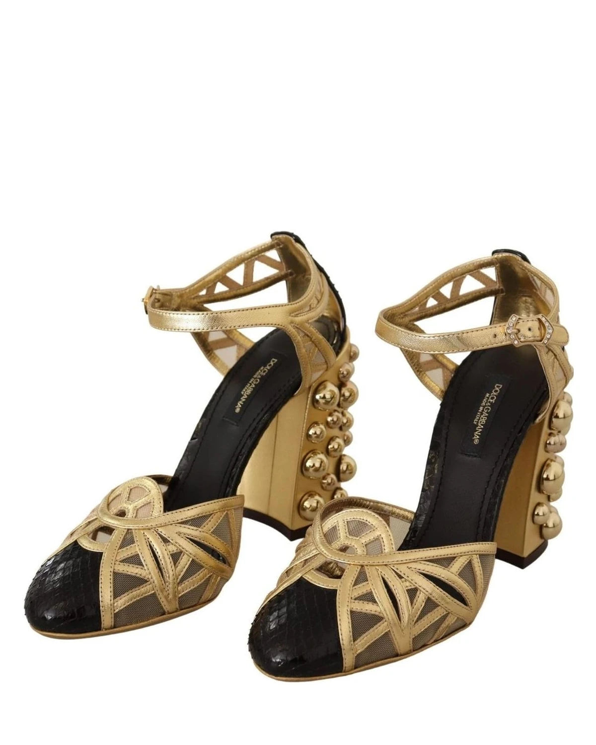 Dolce & Gabbana Gold Leather Studded Ankle Straps Shoes Heels