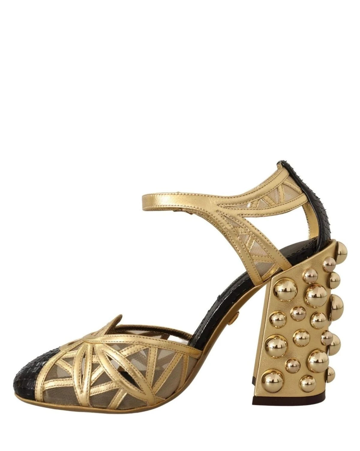 Dolce & Gabbana Gold Leather Studded Ankle Straps Shoes Heels