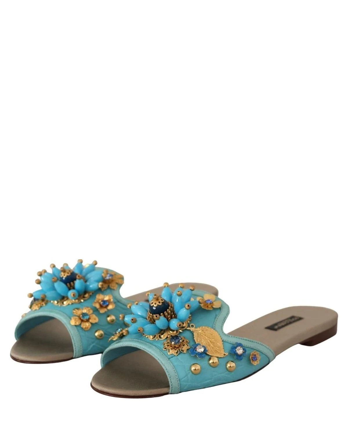 Dolce & Gabbana Blue Leather Crystal Exotic Sandals Flats