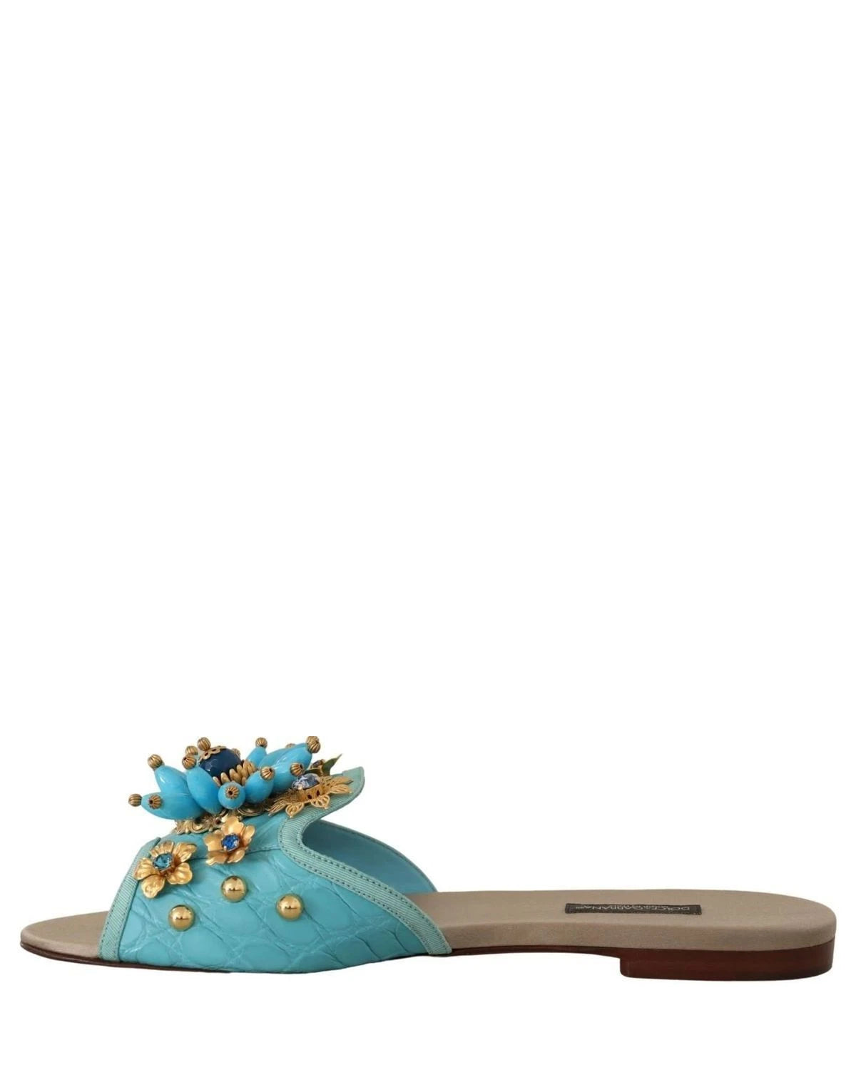 Dolce & Gabbana Blue Leather Crystal Exotic Sandals Flats