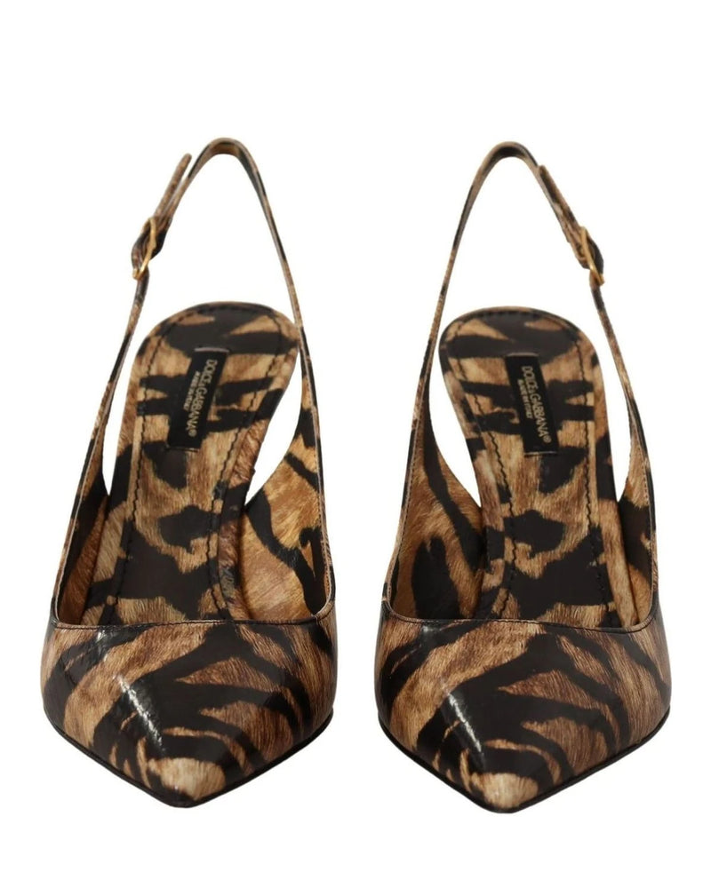 Dolce & Gabbana Brown Leather Slingbacks Tiger Shoes Heels