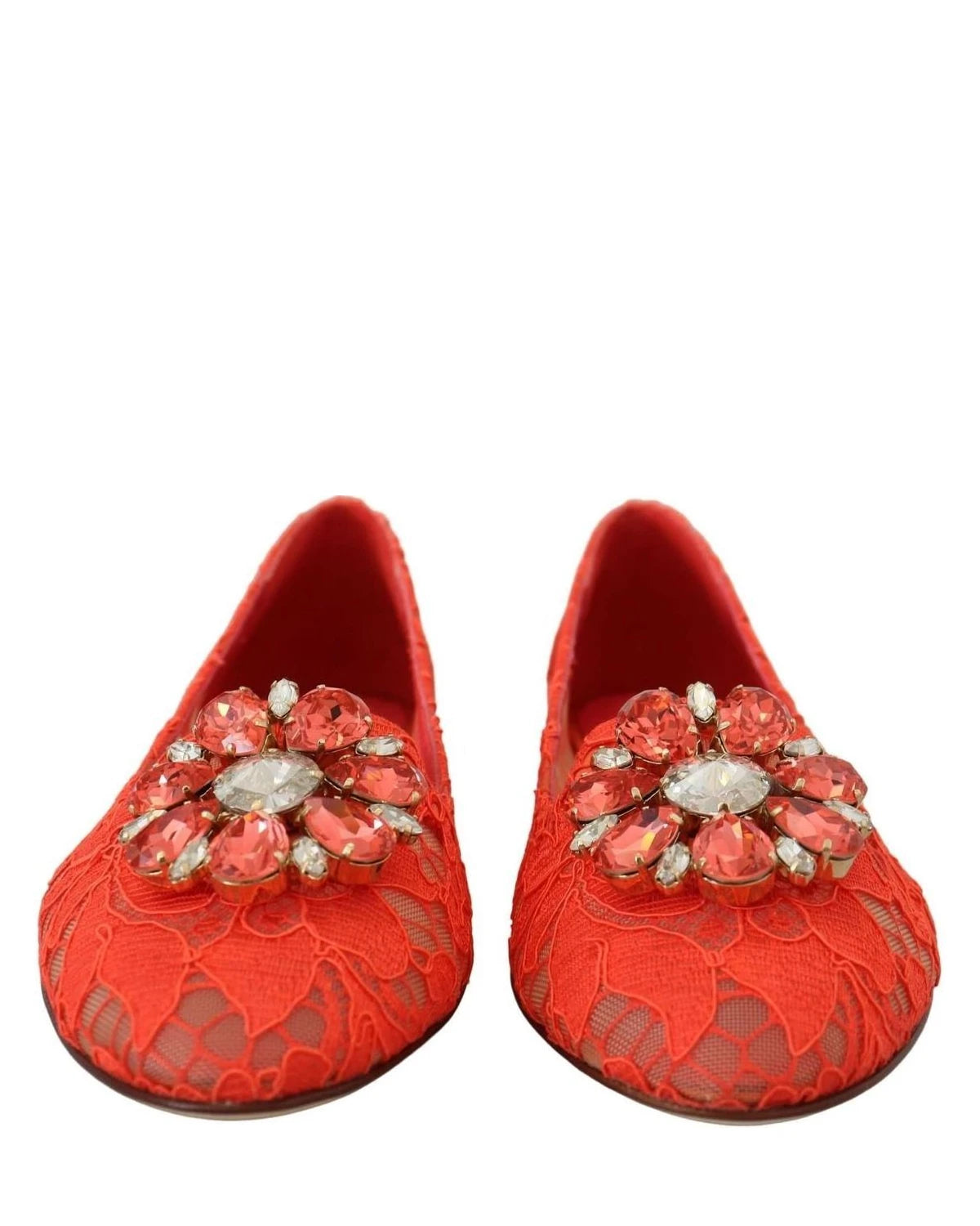 Dolce & Gabbana Red Lace Taormina Crystals Ballet Flats Flats