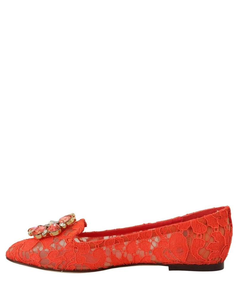 Dolce & Gabbana Red Lace Taormina Crystals Ballet Flats Flats