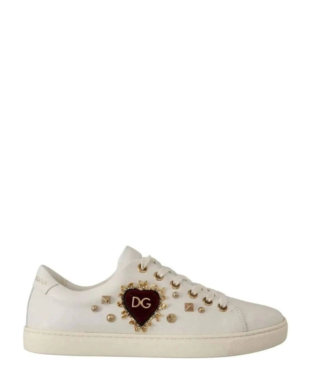 Dolce & Gabbana White Leather Gold Red Heart Sneakers Sneakers