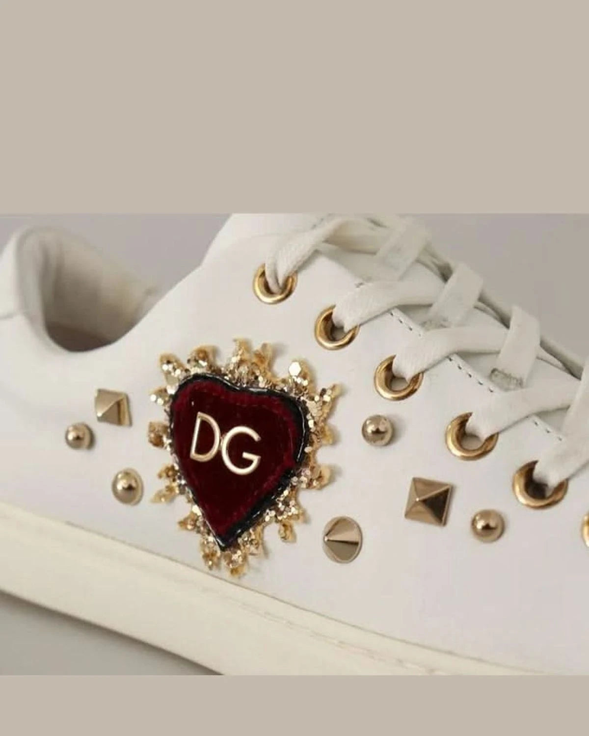 Dolce & Gabbana White Leather Gold Red Heart Sneakers Sneakers