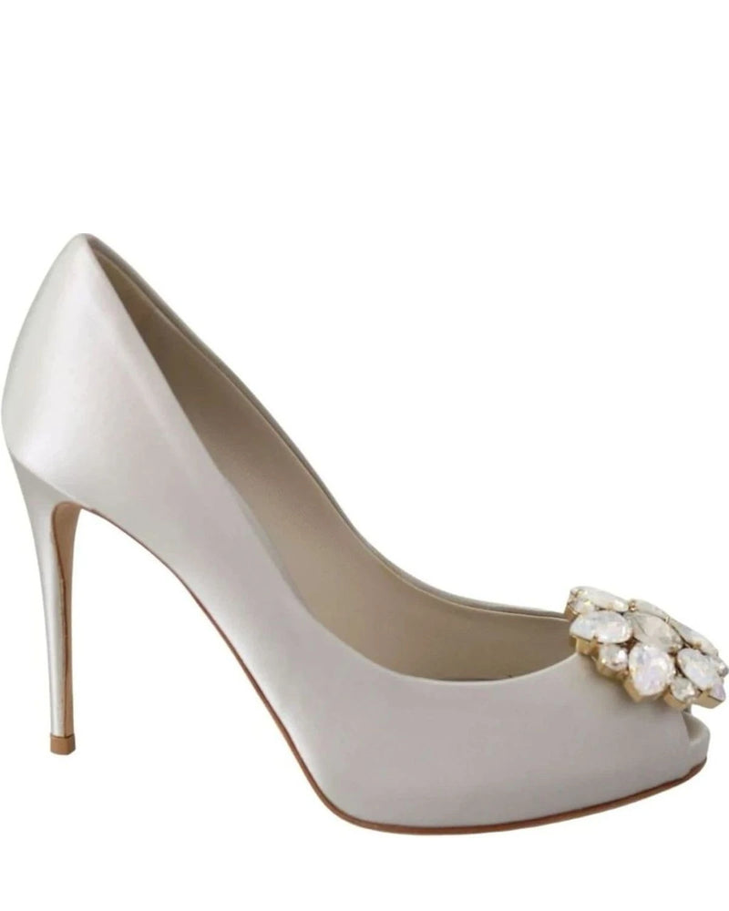 Dolce & Gabbana White Satin Crystals Peep Toe Heels Heels