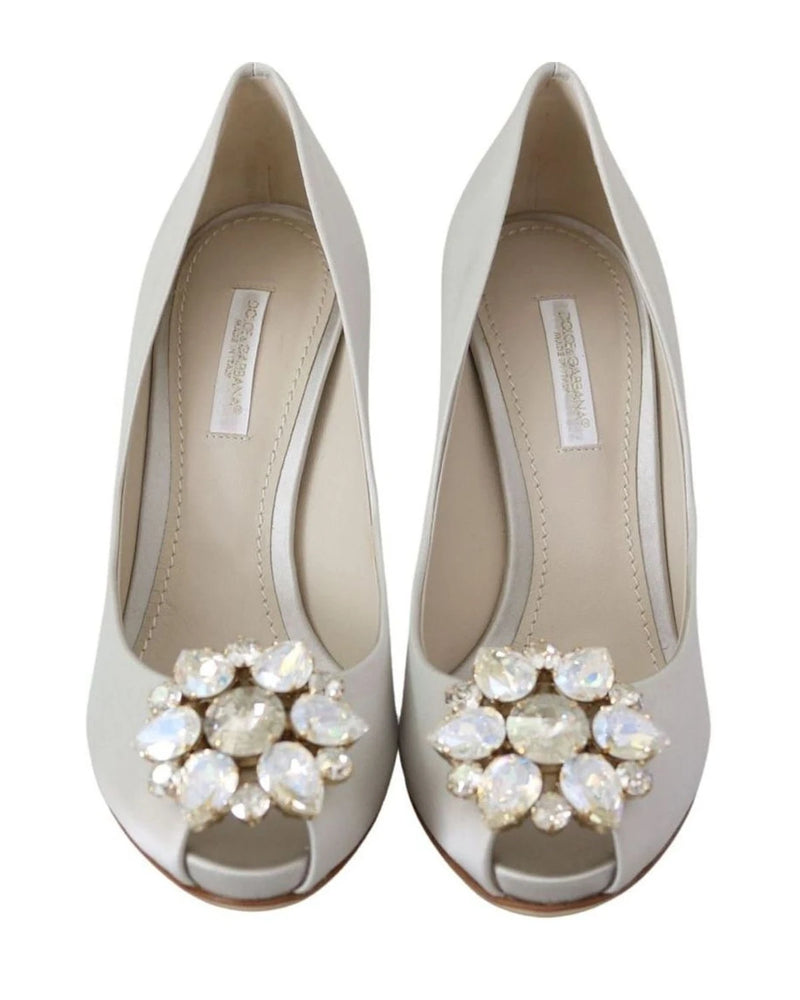 Dolce & Gabbana White Satin Crystals Peep Toe Heels Heels