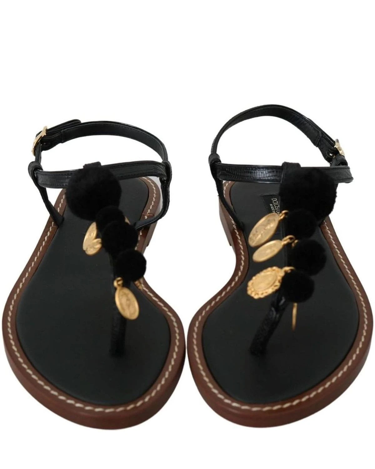 Dolce & Gabbana Black Leather Coins Flip Flops Sandals Shoes Sandals