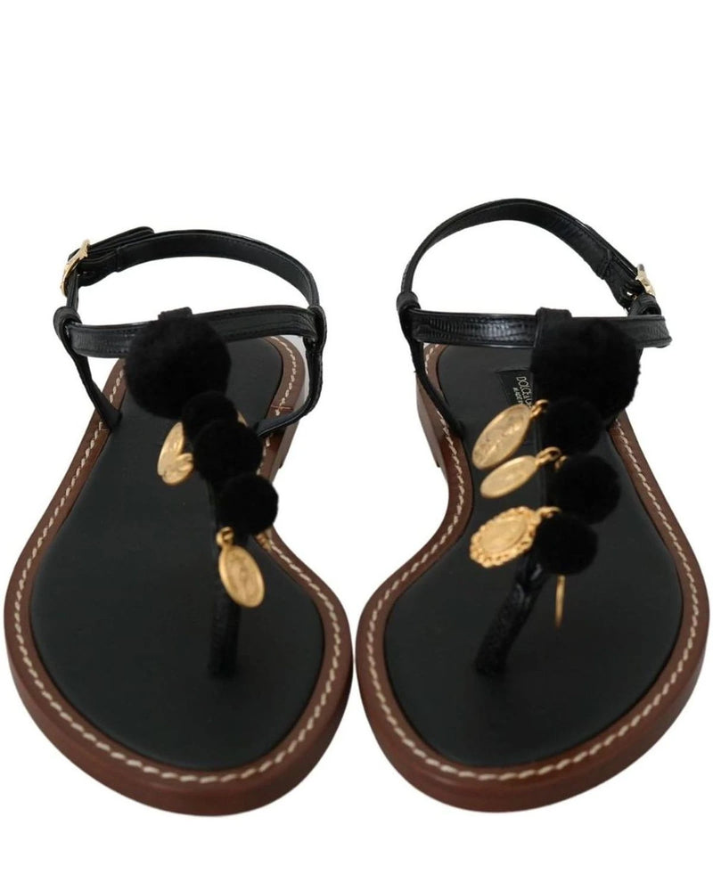 Dolce & Gabbana Black Leather Coins Flip Flops Sandals Shoes Sandals