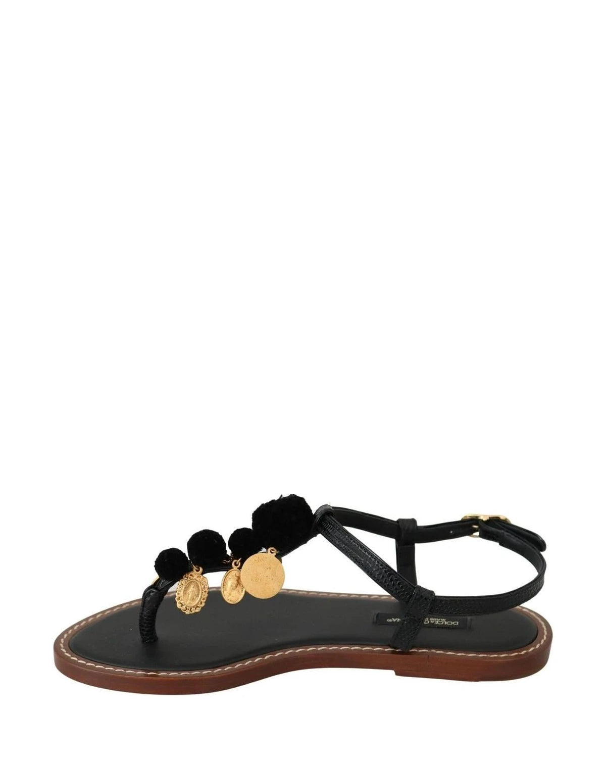 Dolce & Gabbana Black Leather Coins Flip Flops Sandals Shoes Sandals