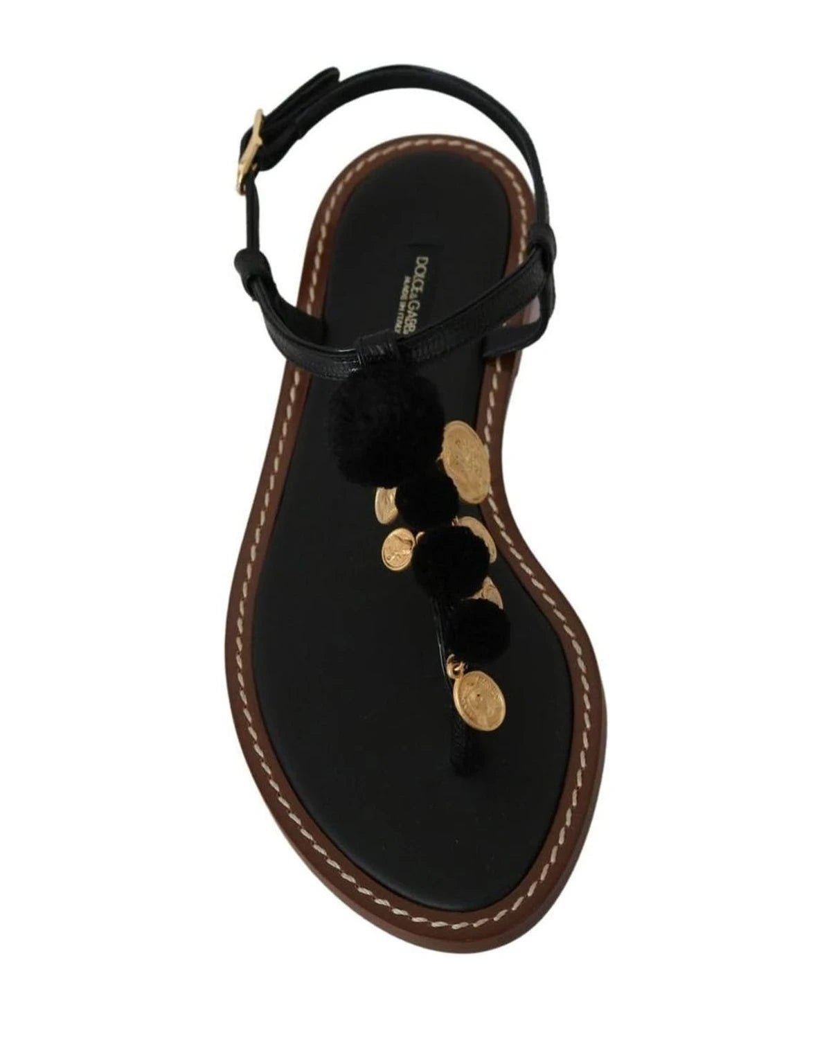 Dolce & Gabbana Black Leather Coins Flip Flops Sandals Shoes Sandals