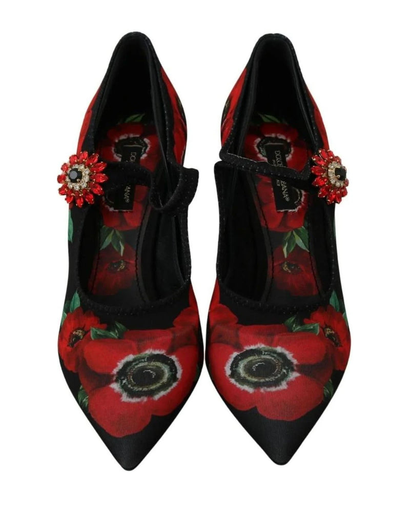 Dolce & Gabbana Black Red Floral Mary Janes Pumps Shoes Heels