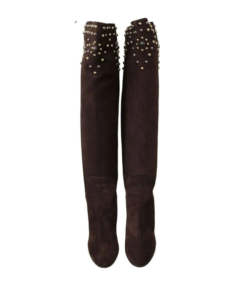 Dolce & Gabbana Brown Suede Studded Knee High Shoes Boots Boots