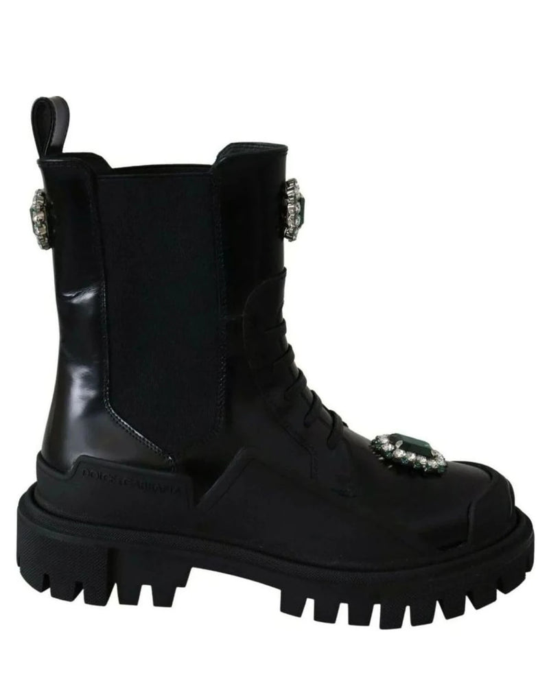 Dolce & Gabbana Black Leather Crystal Combat Boots Boots