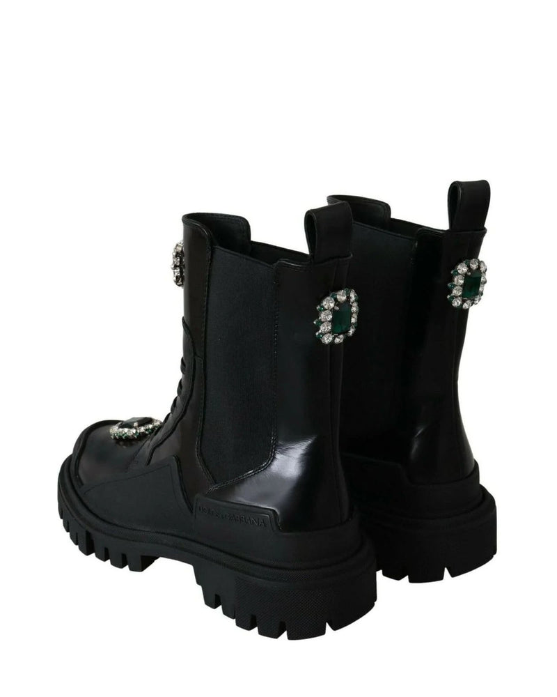 Dolce & Gabbana Black Leather Crystal Combat Boots Boots