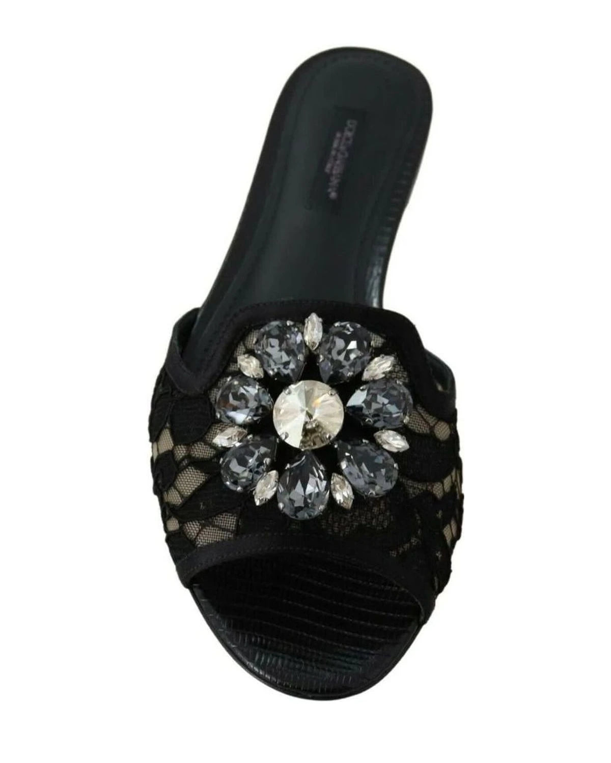 Dolce & Gabbana Black Lace Taormina Slides Crystals Flats Shoes Flats