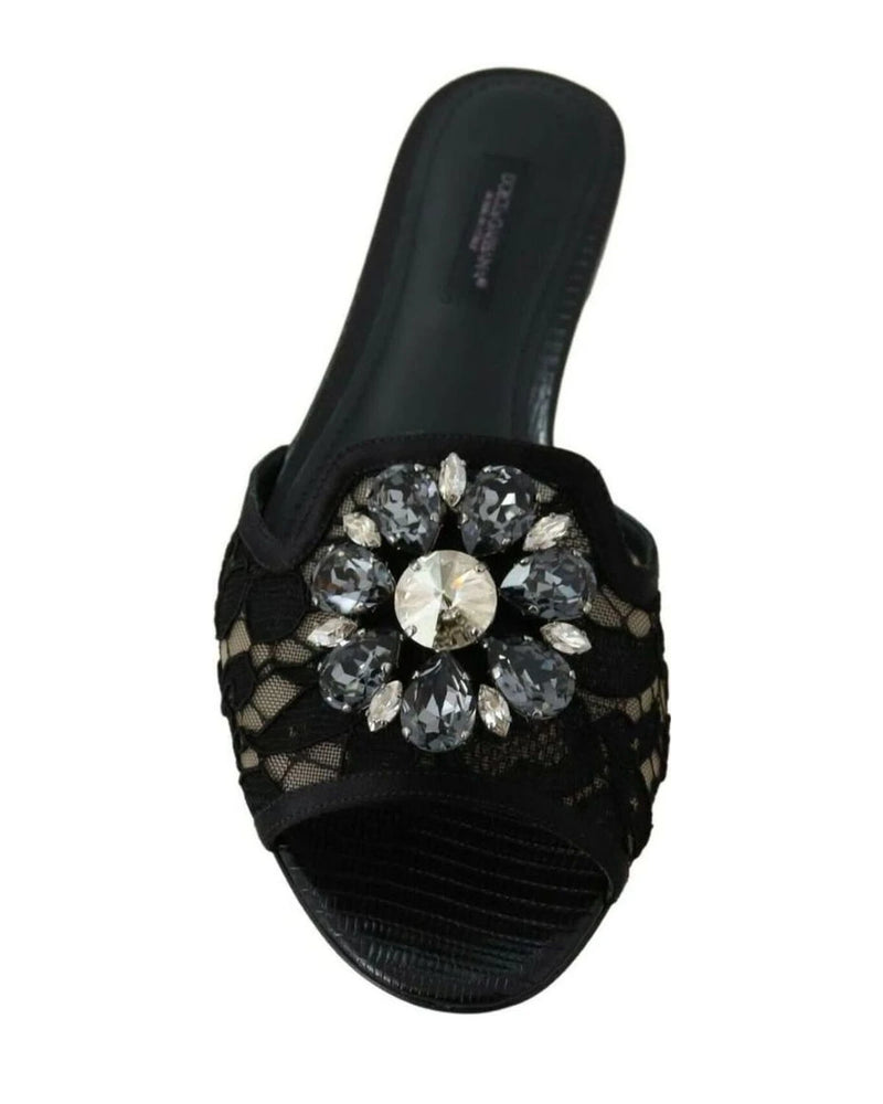 Dolce & Gabbana Black Lace Taormina Slides Crystals Flats Shoes Flats