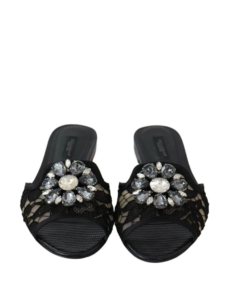 Dolce & Gabbana Black Lace Taormina Slides Crystals Flats Shoes Flats