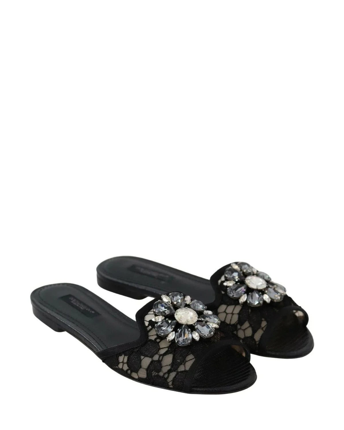 Dolce & Gabbana Black Lace Taormina Slides Crystals Flats Shoes Flats