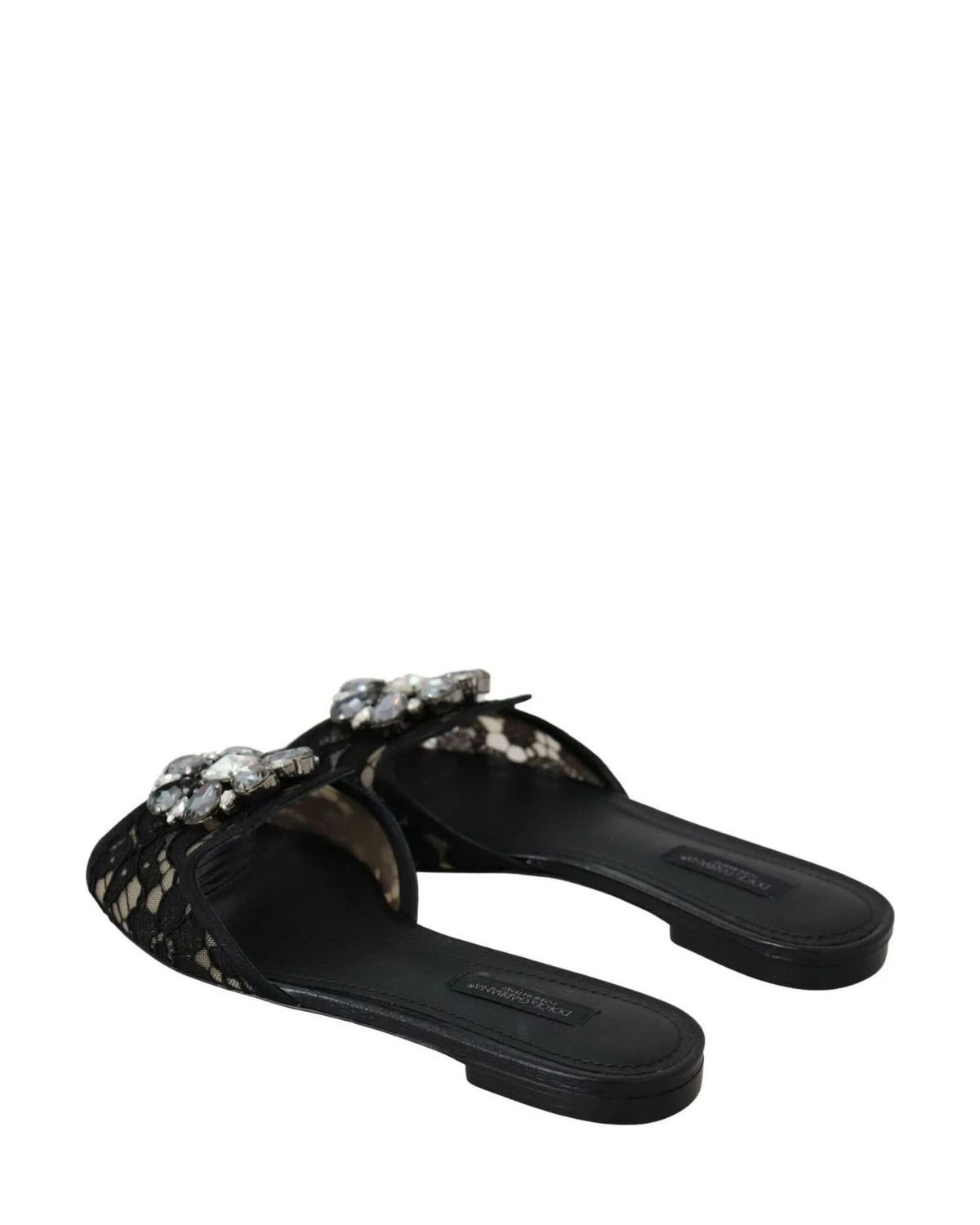 Dolce & Gabbana Black Lace Taormina Slides Crystals Flats Shoes Flats