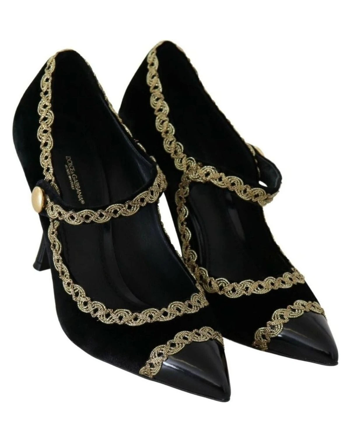 Dolce & Gabbana Black Velvet Embellished Mary Jane Pumps Shoes Heels