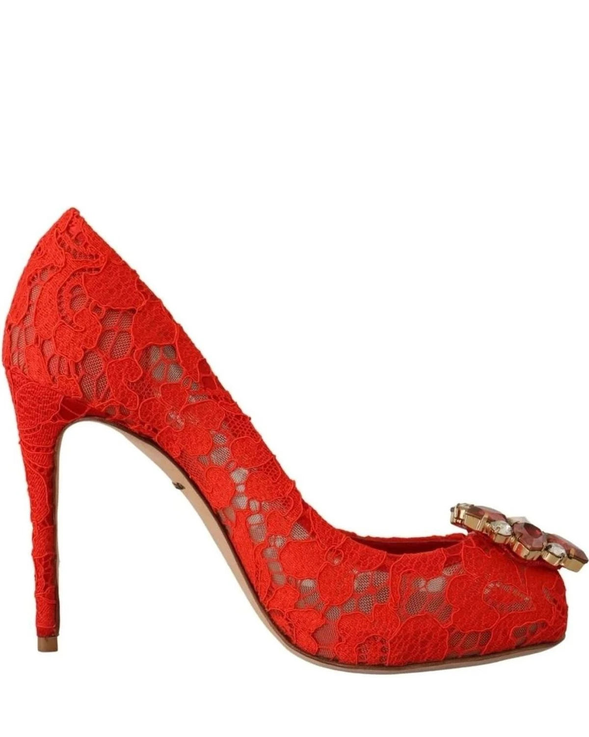 Dolce & Gabbana Red Lace Taormina Crystal Heels Pumps Heels