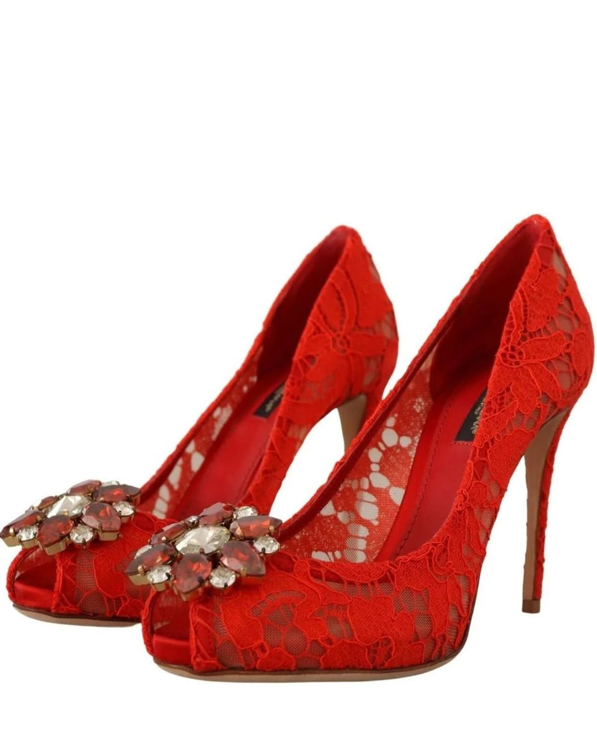 Dolce & Gabbana Red Lace Taormina Crystal Heels Pumps Heels