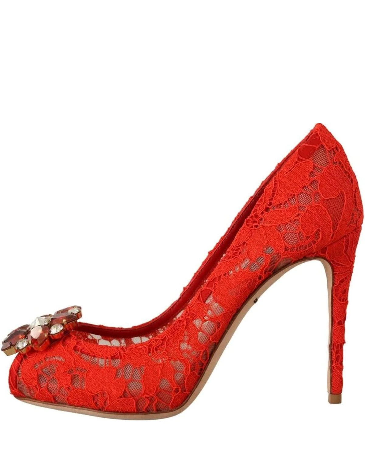 Dolce & Gabbana Red Lace Taormina Crystal Heels Pumps Heels