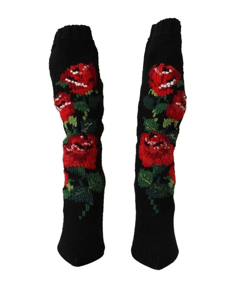 Dolce & Gabbana Black Stretch Socks Red Roses Booties Shoes Boots