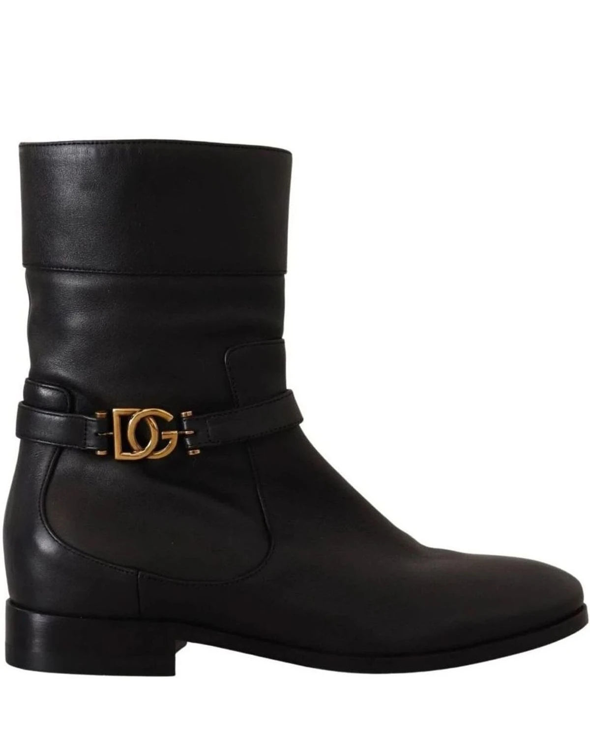 Dolce & Gabbana Black Leather Flats Logo Short Boots Boots