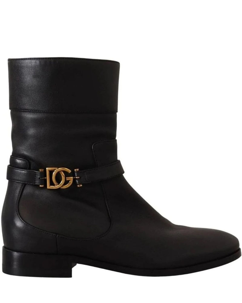 Dolce & Gabbana Black Leather Flats Logo Short Boots Boots