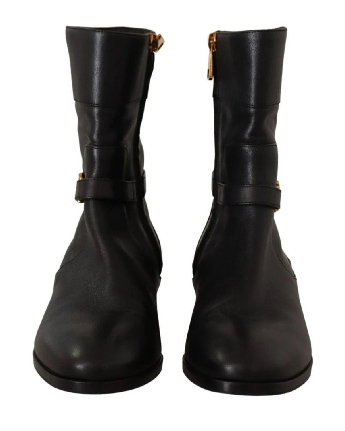 Dolce & Gabbana Black Leather Flats Logo Short Boots Boots