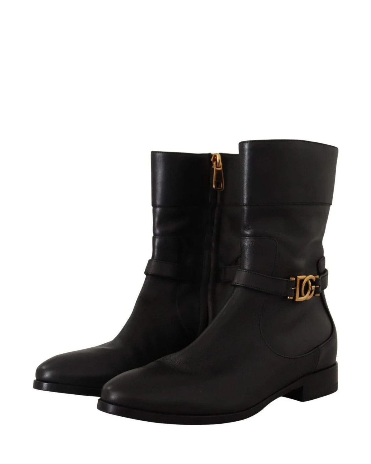 Dolce & Gabbana Black Leather Flats Logo Short Boots Boots