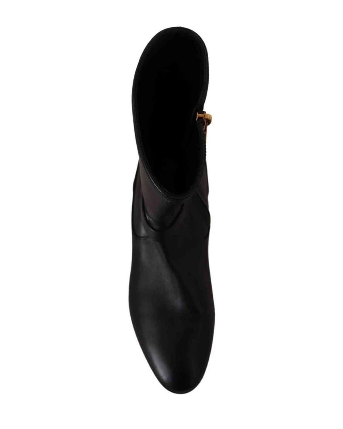 Dolce & Gabbana Black Leather Flats Logo Short Boots Boots